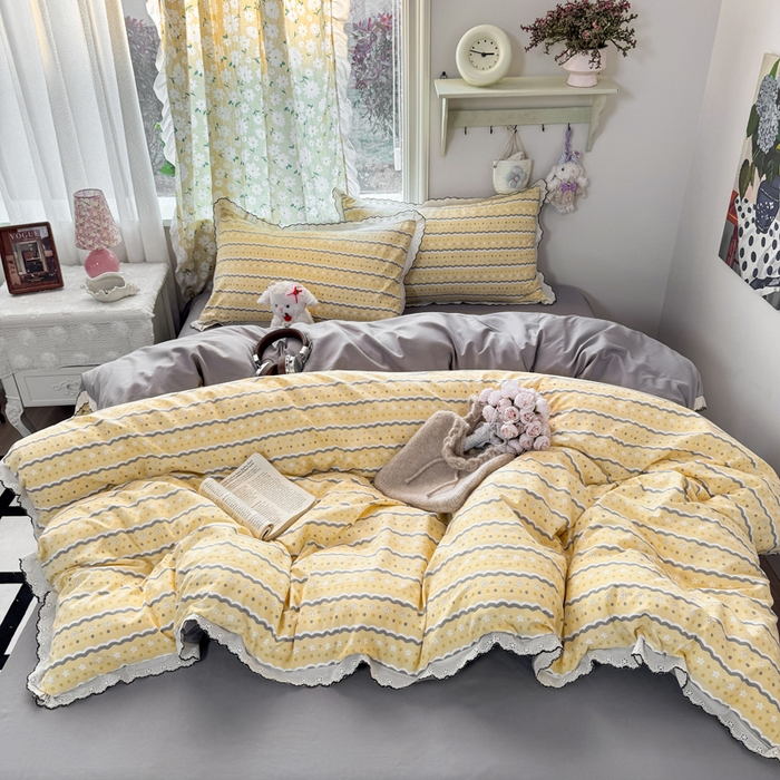 91家纺网 家纺一手货源 找家纺 梦纤绒 2026新款A类仿棉古法水洗棉法式全棉花边四件套海盐奶酪