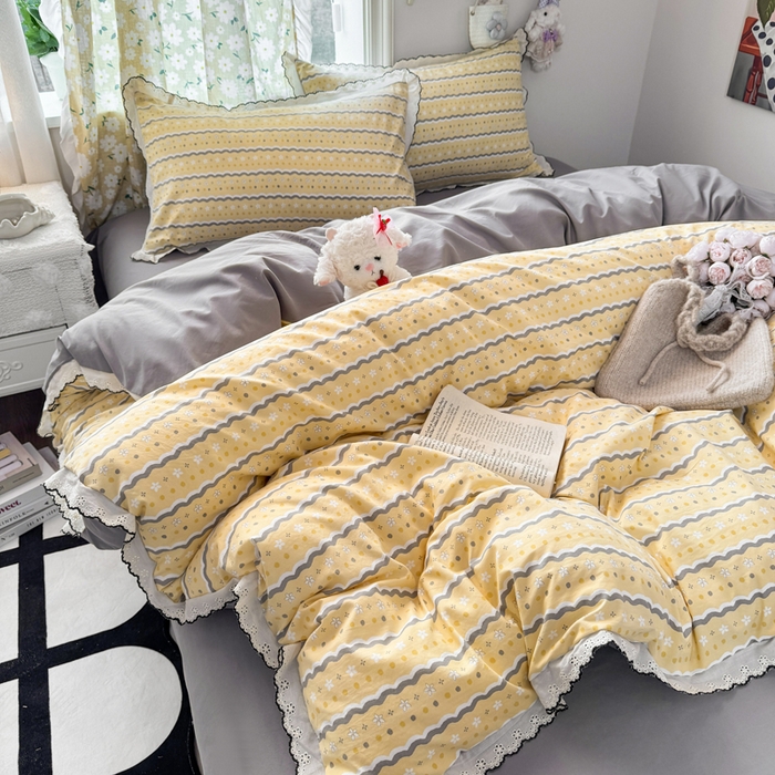 91家纺网 家纺一手货源 找家纺 梦纤绒 2026新款A类仿棉古法水洗棉法式全棉花边四件套海盐奶酪