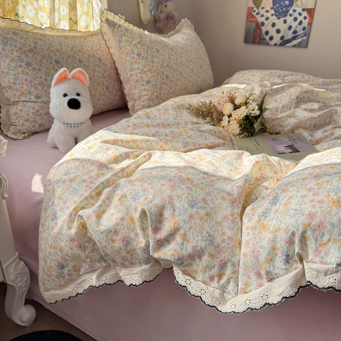 91家纺网 家纺一手货源 找家纺 梦纤绒 2026新款A类仿棉古法水洗棉法式全棉花边四件套花千朵