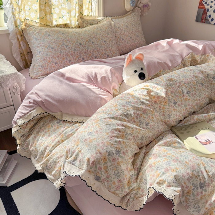 91家纺网 家纺一手货源 找家纺 梦纤绒 2026新款A类仿棉古法水洗棉法式全棉花边四件套花千朵