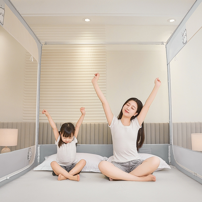 91家纺网 家纺一手货源 找家纺 青竹苑 2026新款圆弧款坐床防摔蚊帐 兔兔和猫猫