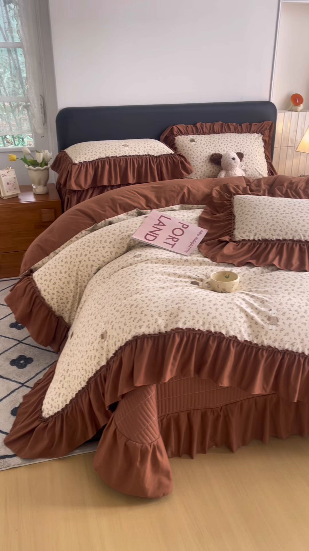 91家纺网 家纺一手货源 找家纺 锦格家纺 2026春夏新款古法水洗棉花边床盖款四件套 花漾小兔