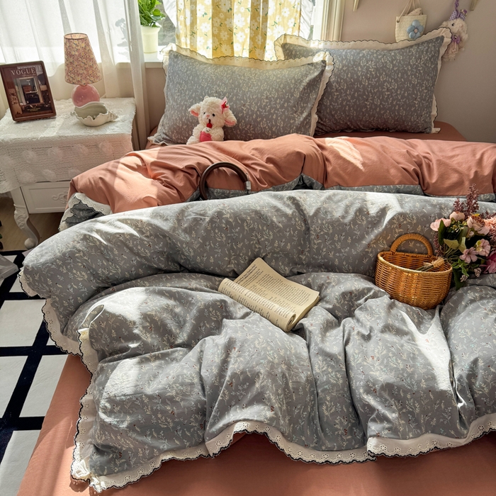 91家纺网 家纺一手货源 找家纺 梦纤绒 2026新款A类仿棉古法水洗棉法式全棉花边四件套灰棠