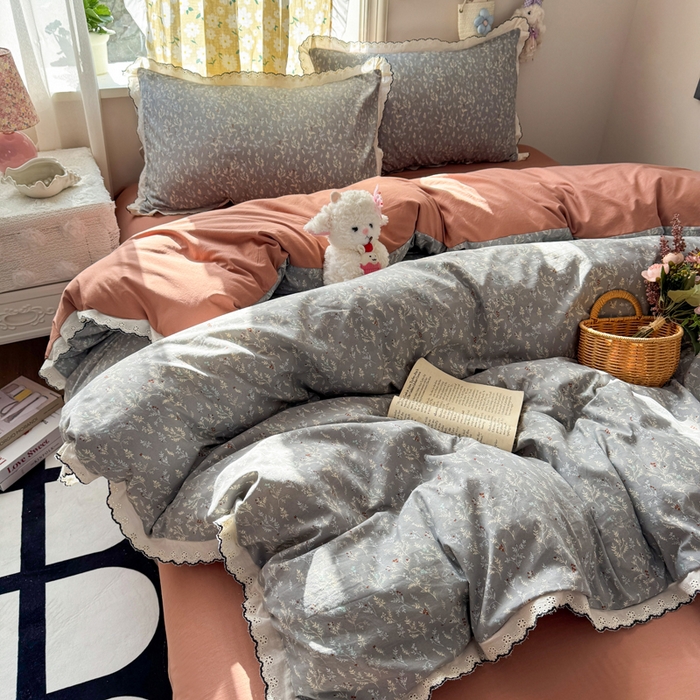 91家纺网 家纺一手货源 找家纺 梦纤绒 2026新款A类仿棉古法水洗棉法式全棉花边四件套灰棠