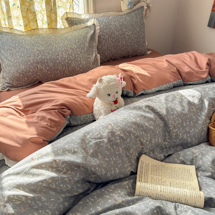 91家纺网 家纺一手货源 找家纺 梦纤绒 2026新款A类仿棉古法水洗棉法式全棉花边四件套灰棠