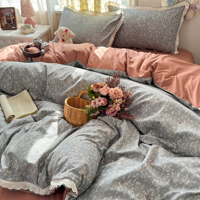 91家纺网 家纺一手货源 找家纺 梦纤绒 2026新款A类仿棉古法水洗棉法式全棉花边四件套灰棠