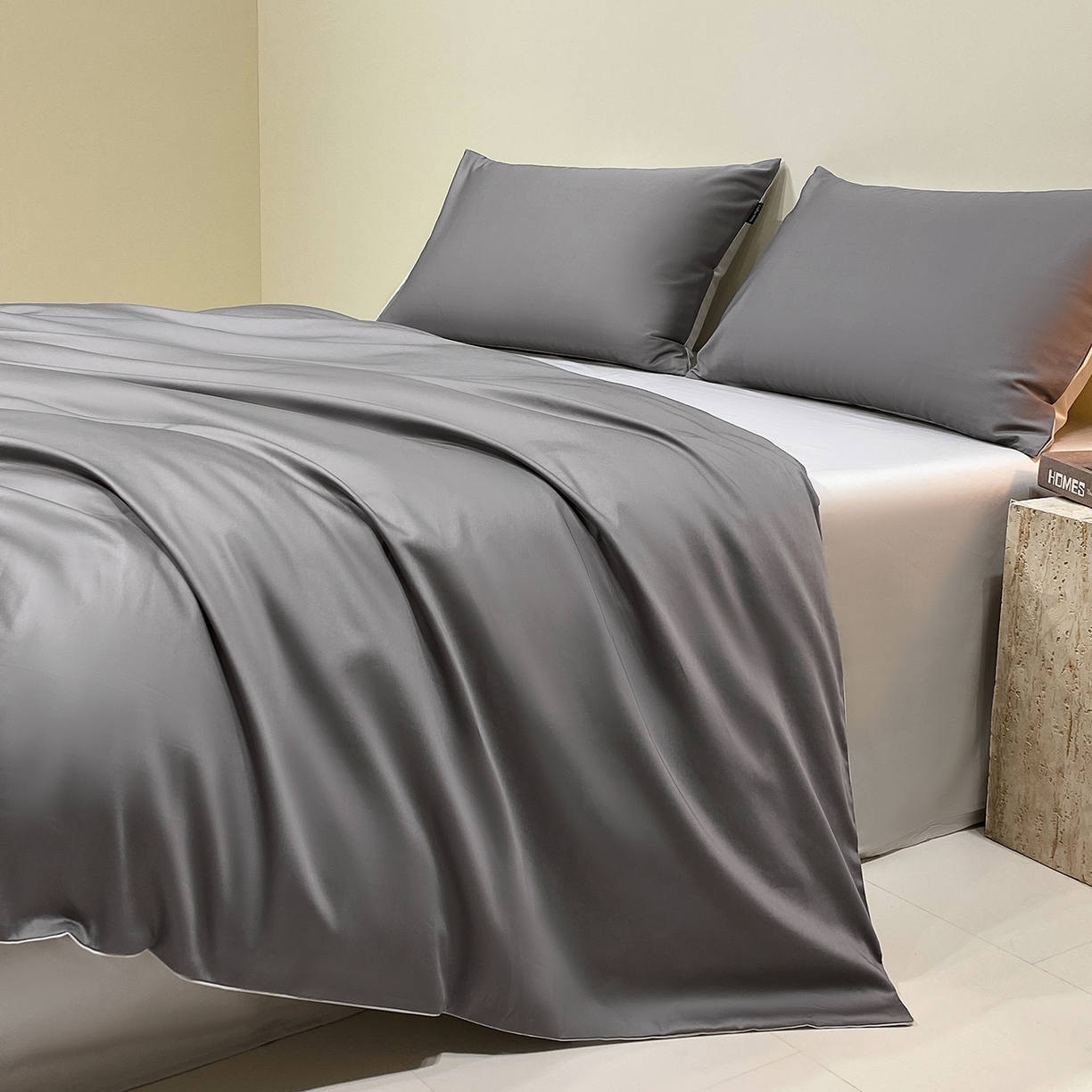 拼社家纺 2026新款A类全棉50s双股100Pro贡缎长绒棉四件套全棉四件套简约纯色纯棉床上用品 高级灰+雅士灰
