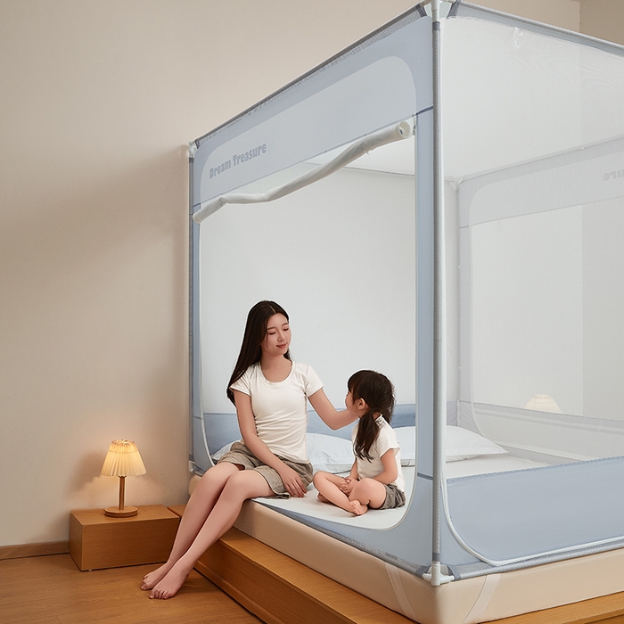 91家纺网 家纺一手货源 找家纺 青竹苑 2026新款圆弧款坐床防摔蚊帐 蓝灰