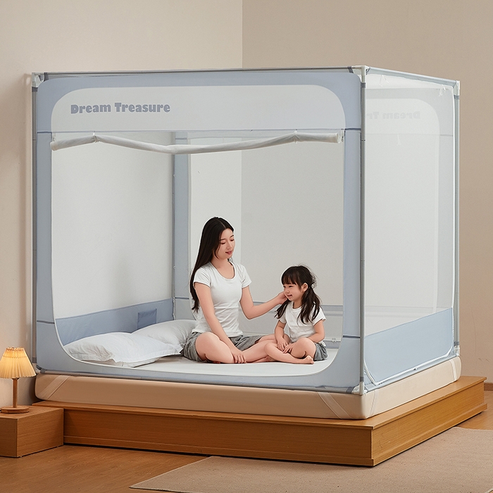 91家纺网 家纺一手货源 找家纺 青竹苑 2026新款圆弧款坐床防摔蚊帐 蓝灰