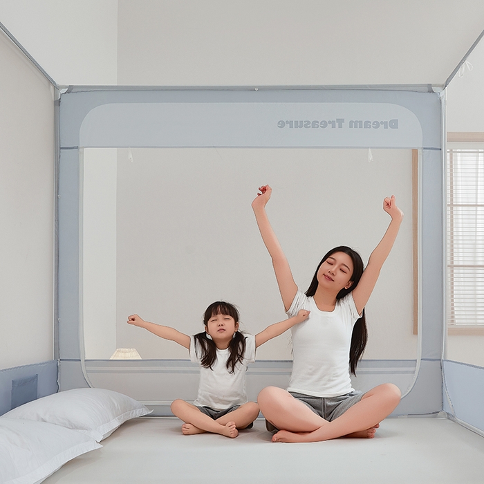 91家纺网 家纺一手货源 找家纺 青竹苑 2026新款圆弧款坐床防摔蚊帐 蓝灰