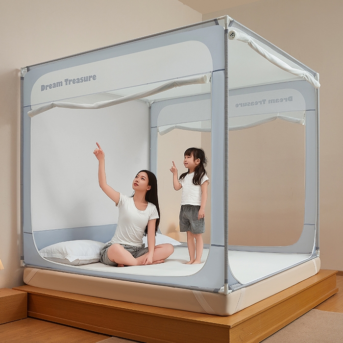 91家纺网 家纺一手货源 找家纺 青竹苑 2026新款圆弧款坐床防摔蚊帐 蓝灰