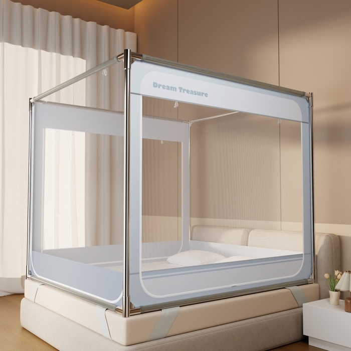 91家纺网 家纺一手货源 找家纺 青竹苑 2026新款圆弧款坐床防摔蚊帐 蓝灰