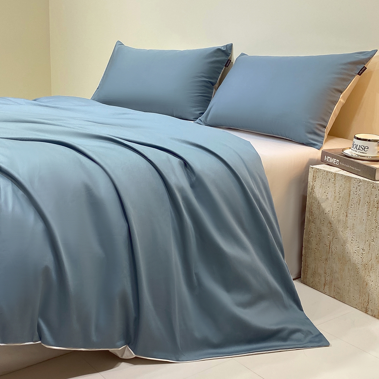 拼社家纺 2026新款A类全棉50s双股100Pro贡缎长绒棉四件套全棉四件套简约纯色纯棉床上用品 海茵蓝+雅士灰