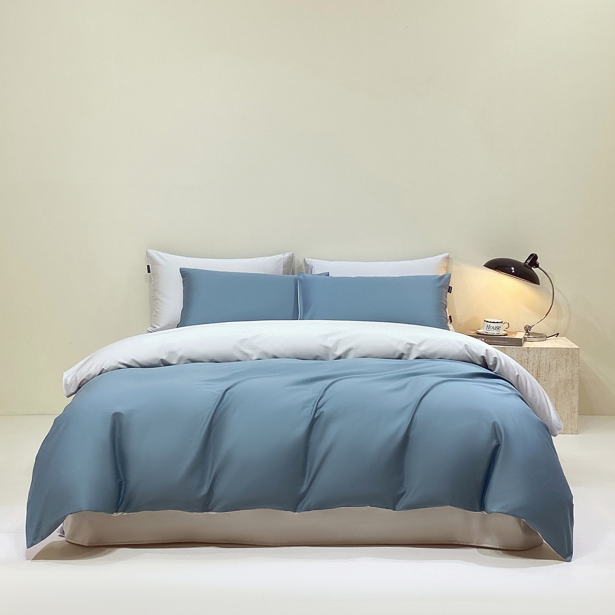 91家纺网 家纺一手货源 找家纺 拼社家纺 2026新款A类全棉50s双股100Pro贡缎长绒棉四件套全棉四件套简约纯色纯棉床上用品 海茵蓝+雅士灰