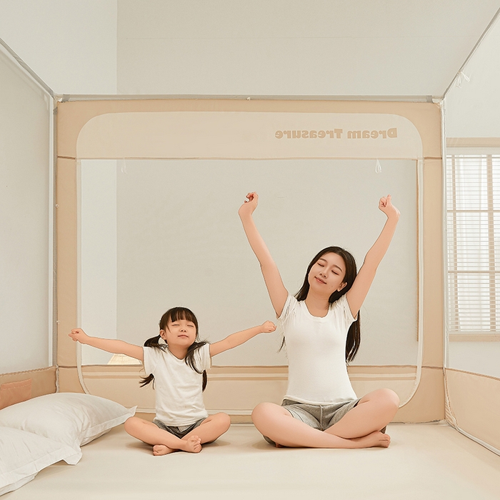 91家纺网 家纺一手货源 找家纺 青竹苑 2026新款圆弧款坐床防摔蚊帐 米杏