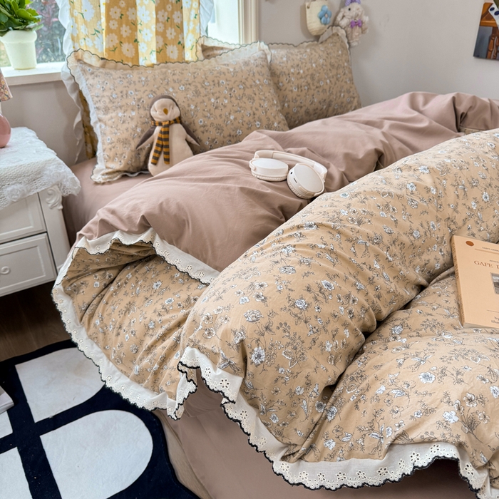 91家纺网 家纺一手货源 找家纺 梦纤绒 2026新款A类仿棉古法水洗棉法式全棉花边四件套美式