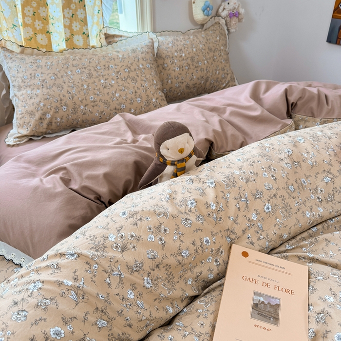 91家纺网 家纺一手货源 找家纺 梦纤绒 2026新款A类仿棉古法水洗棉法式全棉花边四件套美式