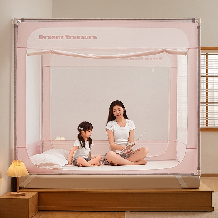 91家纺网 家纺一手货源 找家纺 青竹苑 2026新款圆弧款坐床防摔蚊帐 浅粉