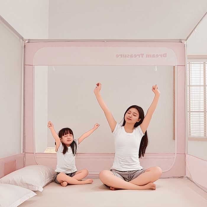 91家纺网 家纺一手货源 找家纺 青竹苑 2026新款圆弧款坐床防摔蚊帐 浅粉