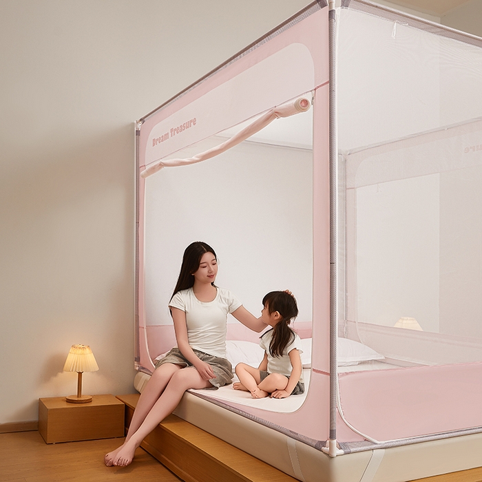 91家纺网 家纺一手货源 找家纺 青竹苑 2026新款圆弧款坐床防摔蚊帐 浅粉