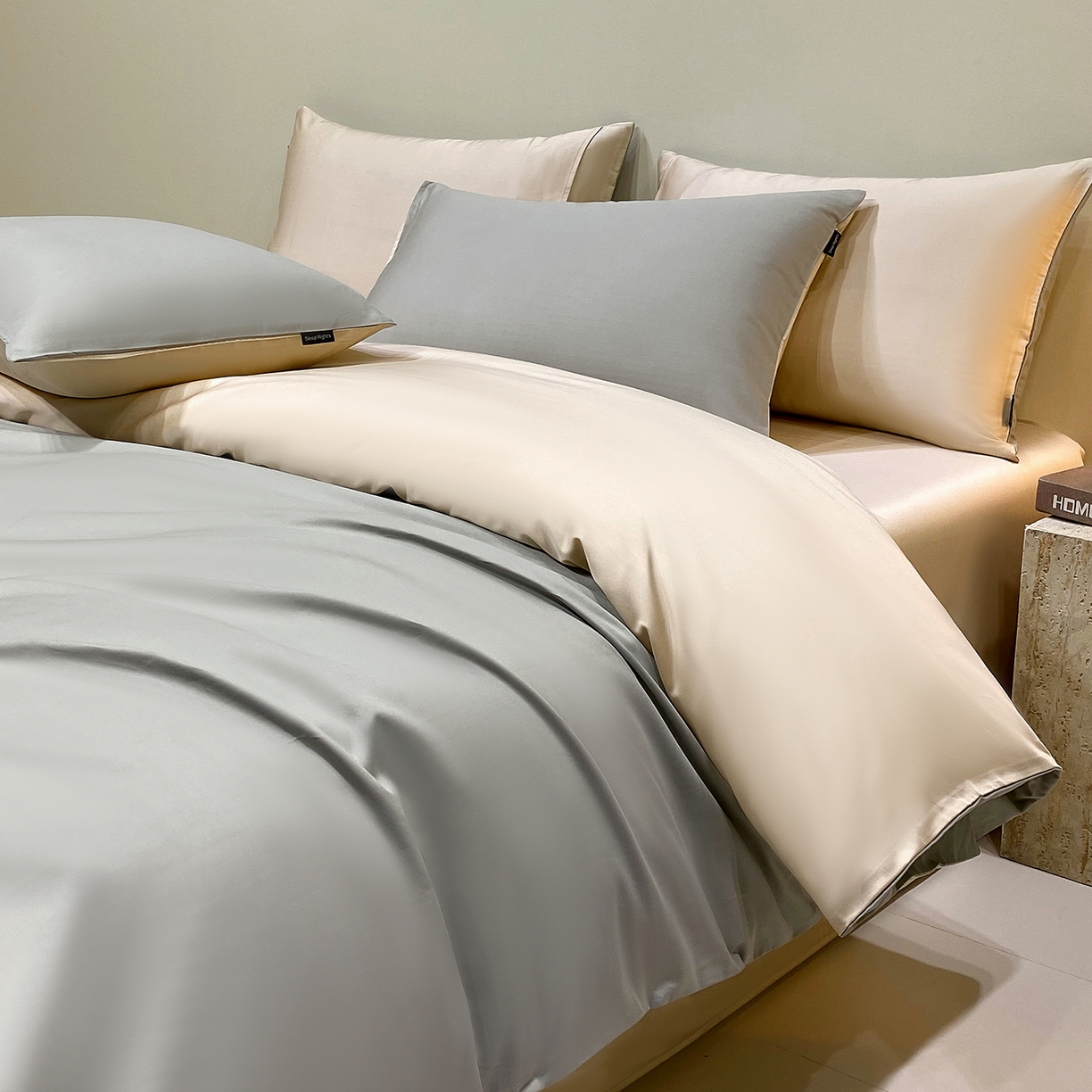 91家纺网 家纺一手货源 找家纺 拼社家纺 2026新款A类全棉50s双股100Pro贡缎长绒棉四件套全棉四件套简约纯色纯棉床上用品 兰灰+香槟金