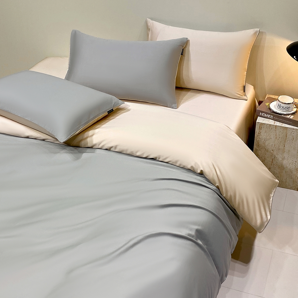 91家纺网 家纺一手货源 找家纺 拼社家纺 2026新款A类全棉50s双股100Pro贡缎长绒棉四件套全棉四件套简约纯色纯棉床上用品 兰灰+香槟金