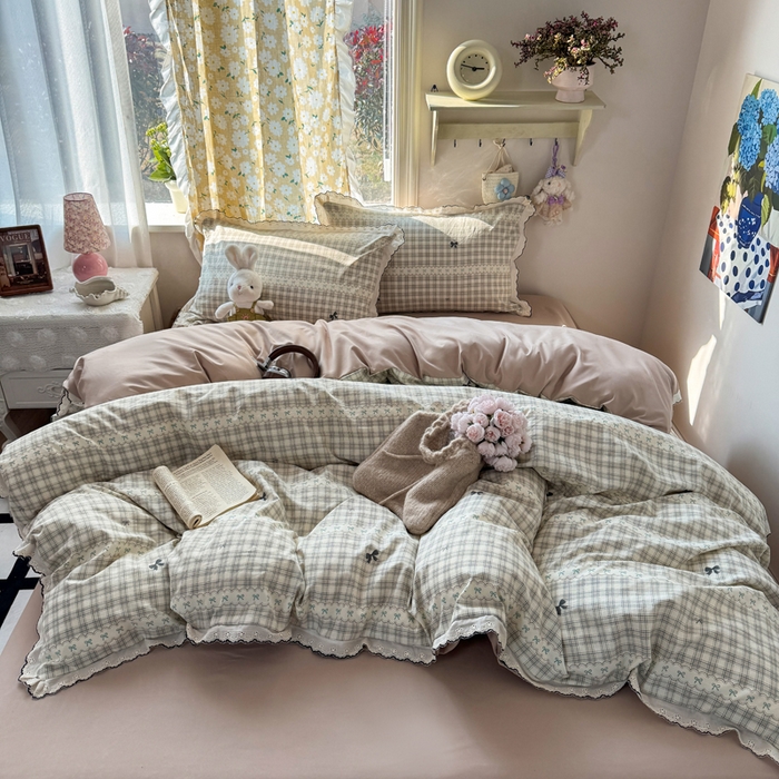 91家纺网 家纺一手货源 找家纺 梦纤绒 2026新款A类仿棉古法水洗棉法式全棉花边四件套梦幻格趣