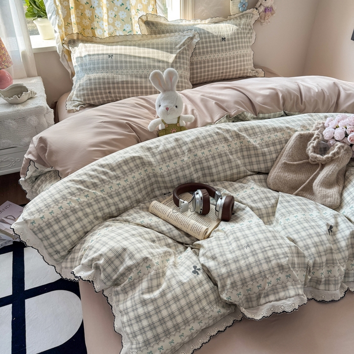 91家纺网 家纺一手货源 找家纺 梦纤绒 2026新款A类仿棉古法水洗棉法式全棉花边四件套梦幻格趣