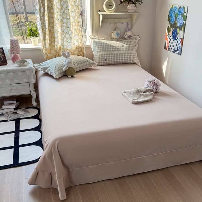 91家纺网 家纺一手货源 找家纺 梦纤绒 2026新款A类仿棉古法水洗棉法式全棉花边四件套梦幻格趣