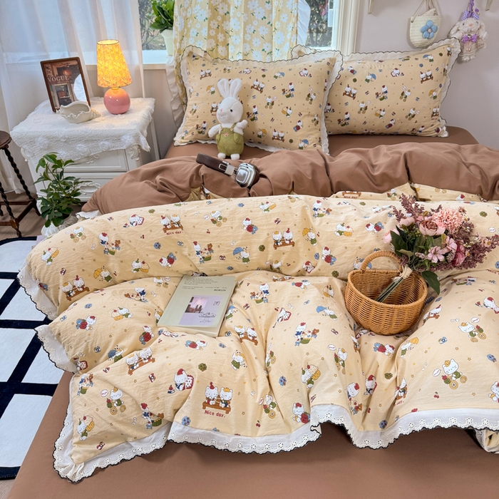 91家纺网 家纺一手货源 找家纺 梦纤绒 2026新款A类仿棉古法水洗棉法式全棉花边四件套奶萌喵咖