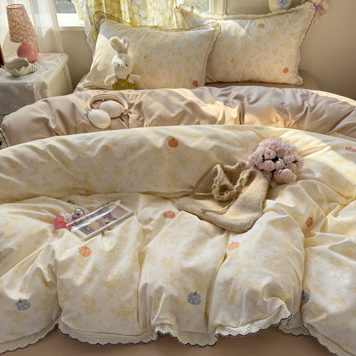 91家纺网 家纺一手货源 找家纺 梦纤绒 2026新款A类仿棉古法水洗棉法式全棉花边四件套南瓜童话