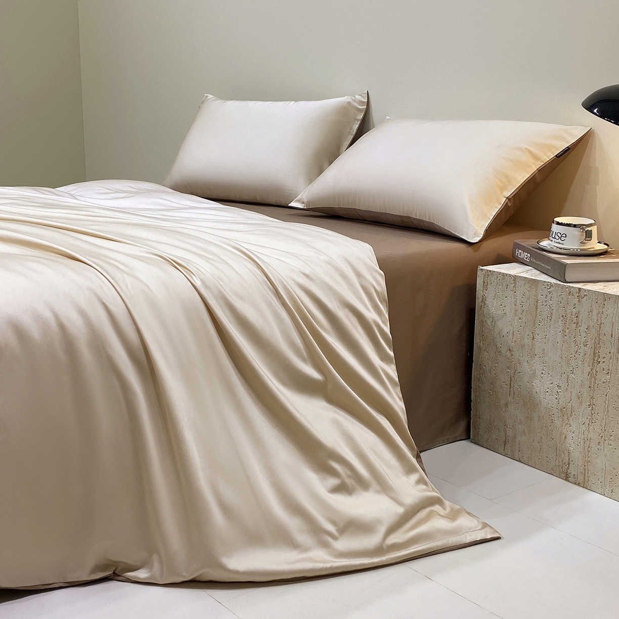 拼社家纺 2026新款A类全棉50s双股100Pro贡缎长绒棉四件套全棉四件套简约纯色纯棉床上用品 香槟金+雾棕咖