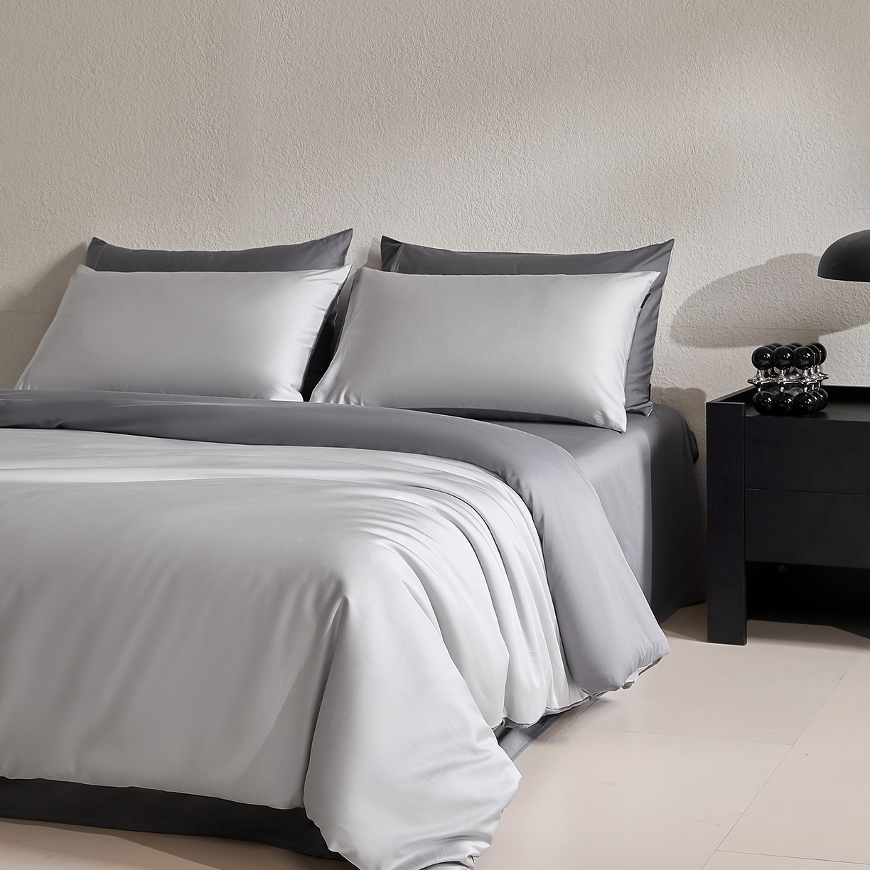 91家纺网 家纺一手货源 找家纺 拼社家纺 2026新款A类全棉50s双股100Pro贡缎长绒棉四件套全棉四件套简约纯色纯棉床上用品 雅士灰+高级灰