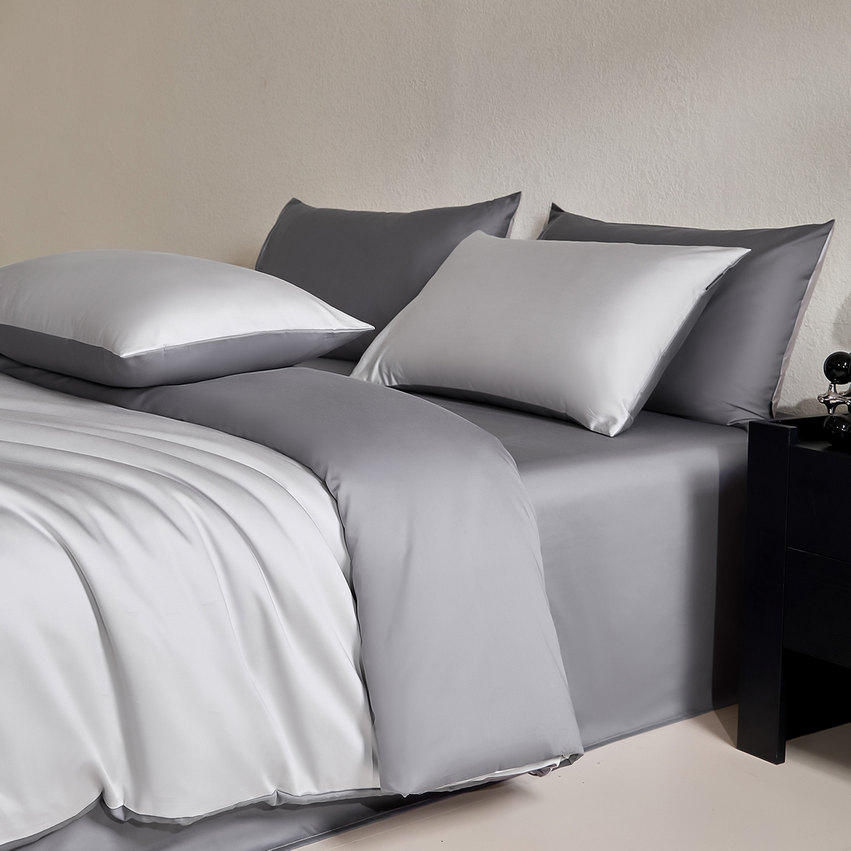 91家纺网 家纺一手货源 找家纺 拼社家纺 2026新款A类全棉50s双股100Pro贡缎长绒棉四件套全棉四件套简约纯色纯棉床上用品 雅士灰+高级灰