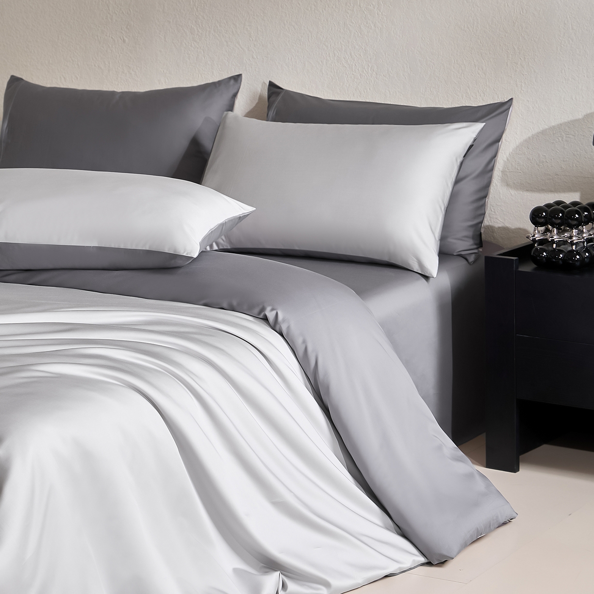 91家纺网 家纺一手货源 找家纺 拼社家纺 2026新款A类全棉50s双股100Pro贡缎长绒棉四件套全棉四件套简约纯色纯棉床上用品 雅士灰+高级灰