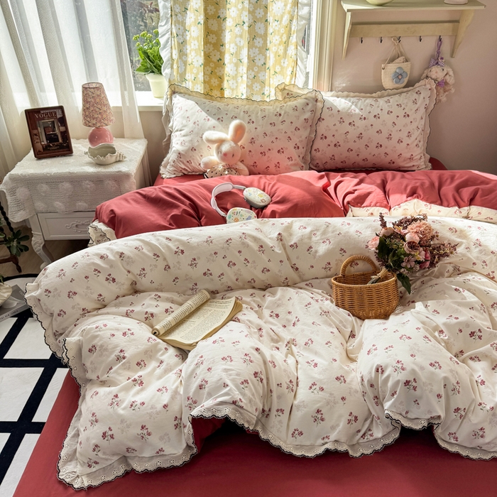 91家纺网 家纺一手货源 找家纺 梦纤绒 2026新款A类仿棉古法水洗棉法式全棉花边四件套疏影