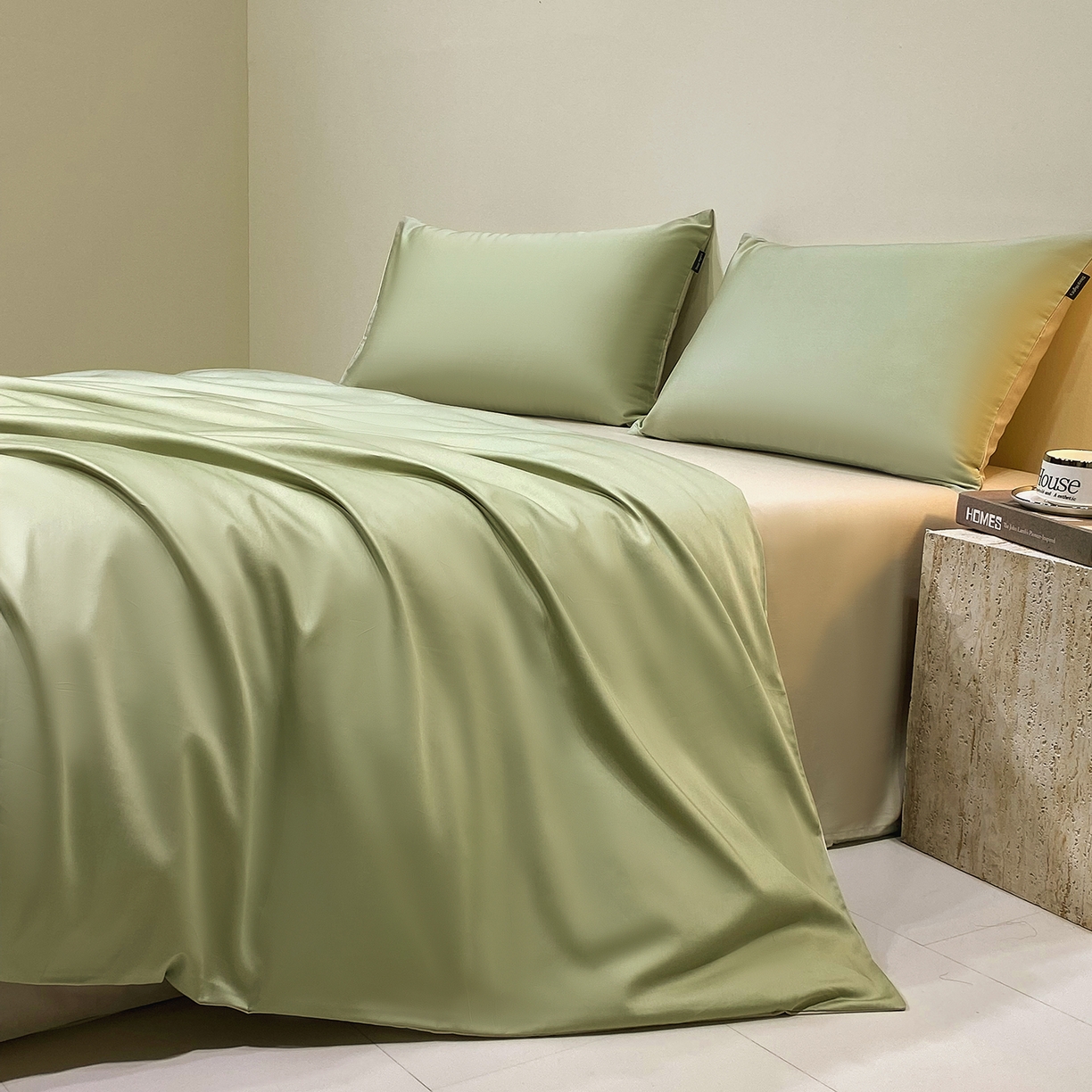 拼社家纺 2026新款A类全棉50s双股100Pro贡缎长绒棉四件套全棉四件套简约纯色纯棉床上用品 莺茶绿+浅莲灰
