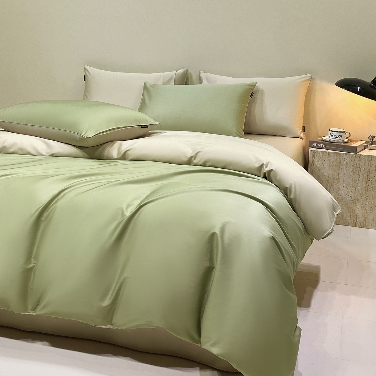 91家纺网 家纺一手货源 找家纺 拼社家纺 2026新款A类全棉50s双股100Pro贡缎长绒棉四件套全棉四件套简约纯色纯棉床上用品 莺茶绿+浅莲灰