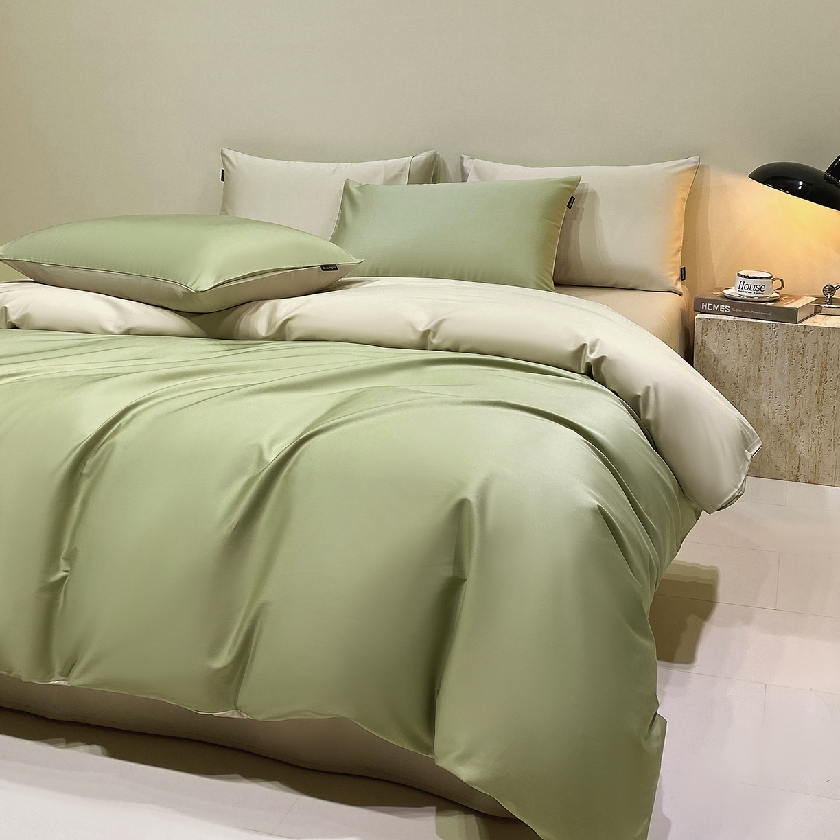 91家纺网 家纺一手货源 找家纺 拼社家纺 2026新款A类全棉50s双股100Pro贡缎长绒棉四件套全棉四件套简约纯色纯棉床上用品 莺茶绿+浅莲灰