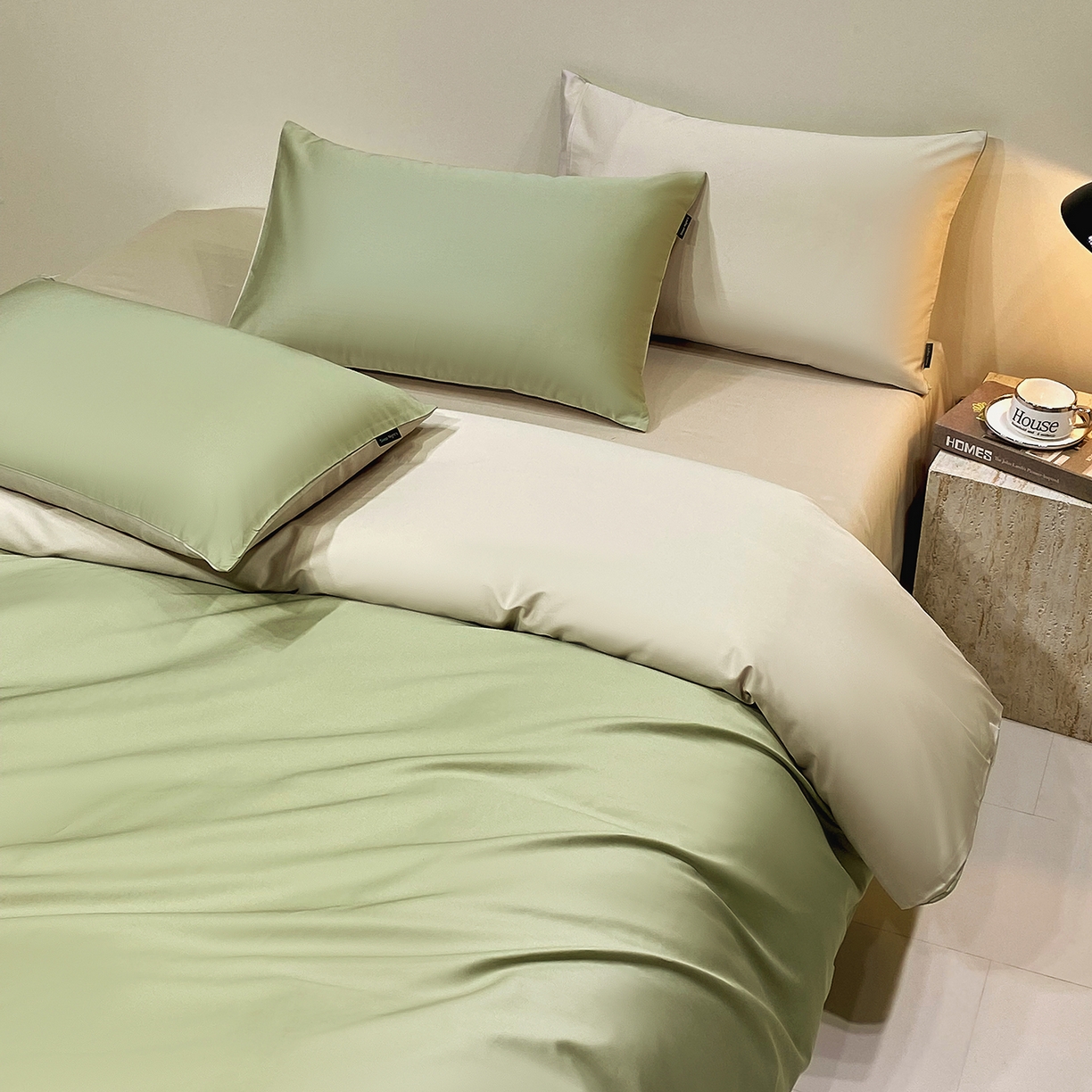 91家纺网 家纺一手货源 找家纺 拼社家纺 2026新款A类全棉50s双股100Pro贡缎长绒棉四件套全棉四件套简约纯色纯棉床上用品 莺茶绿+浅莲灰