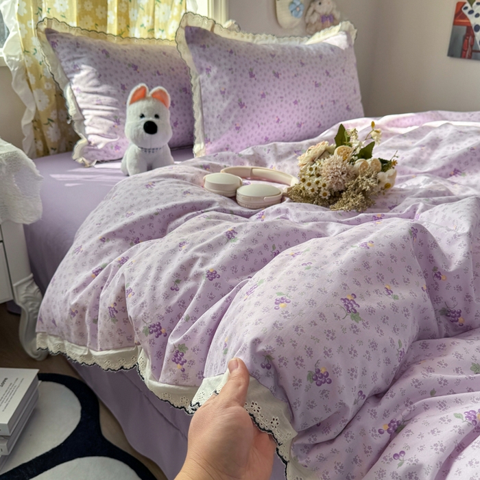 91家纺网 家纺一手货源 找家纺 梦纤绒 2026新款A类仿棉古法水洗棉法式全棉花边四件套水晶葡萄