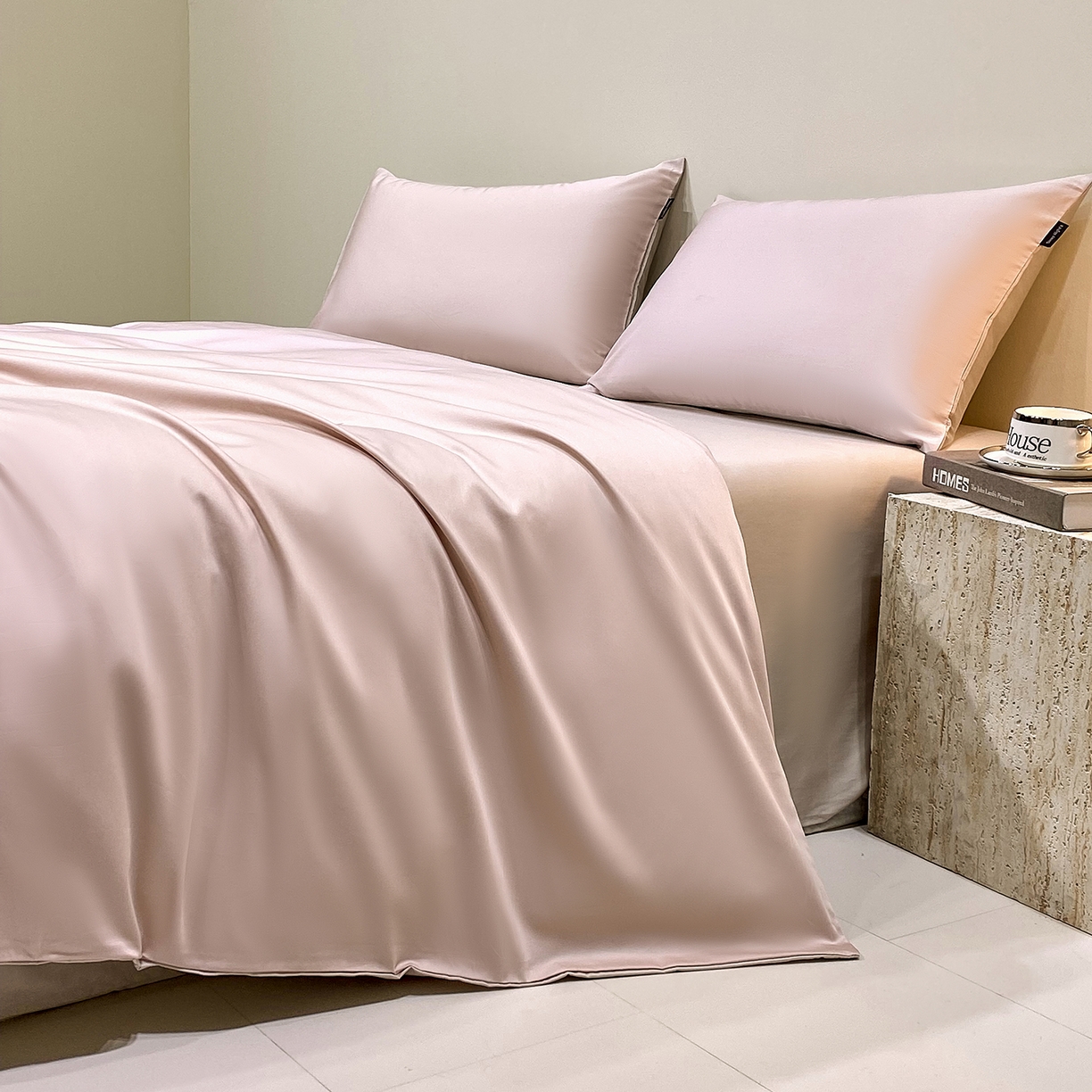 拼社家纺 2026新款A类全棉50s双股100Pro贡缎长绒棉四件套全棉四件套简约纯色纯棉床上用品 云霜粉+浅莲灰