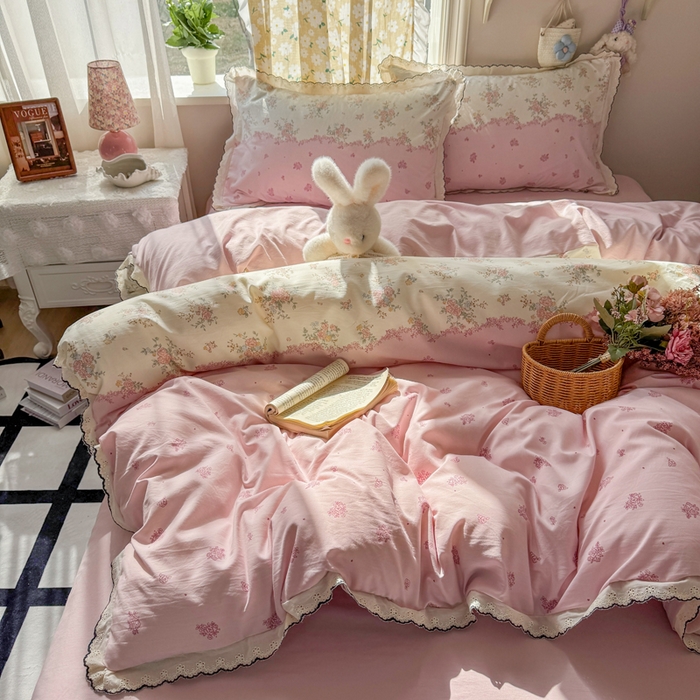 91家纺网 家纺一手货源 找家纺 梦纤绒 2026新款A类仿棉古法水洗棉法式全棉花边四件套甜粉小窝