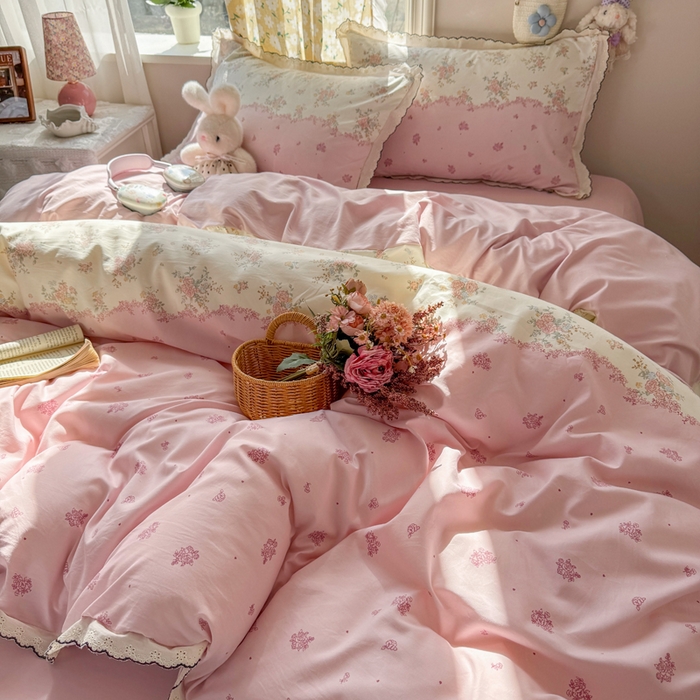 91家纺网 家纺一手货源 找家纺 梦纤绒 2026新款A类仿棉古法水洗棉法式全棉花边四件套甜粉小窝