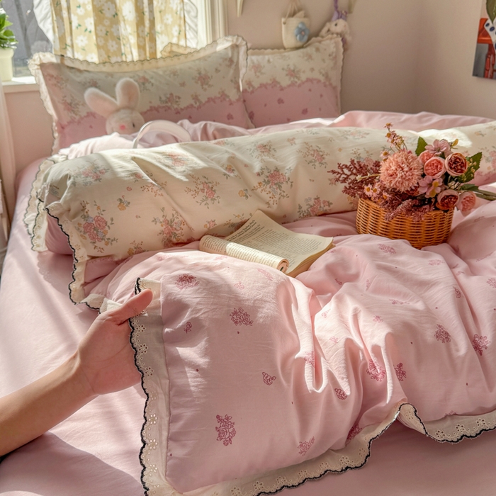 梦纤绒 2026新款A类仿棉古法水洗棉法式全棉花边四件套甜粉小窝