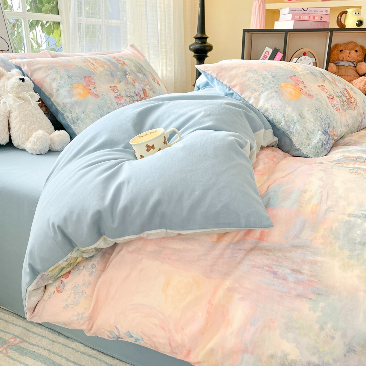 91家纺网 家纺一手货源 找家纺 睡美美家纺 2026新款13070数码印花全棉纯棉动物卡通三件套四件套 花车小熊-蓝