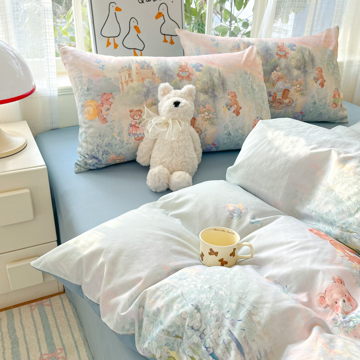 91家纺网 家纺一手货源 找家纺 睡美美家纺 2026新款13070数码印花全棉纯棉动物卡通三件套四件套 花车小熊-蓝