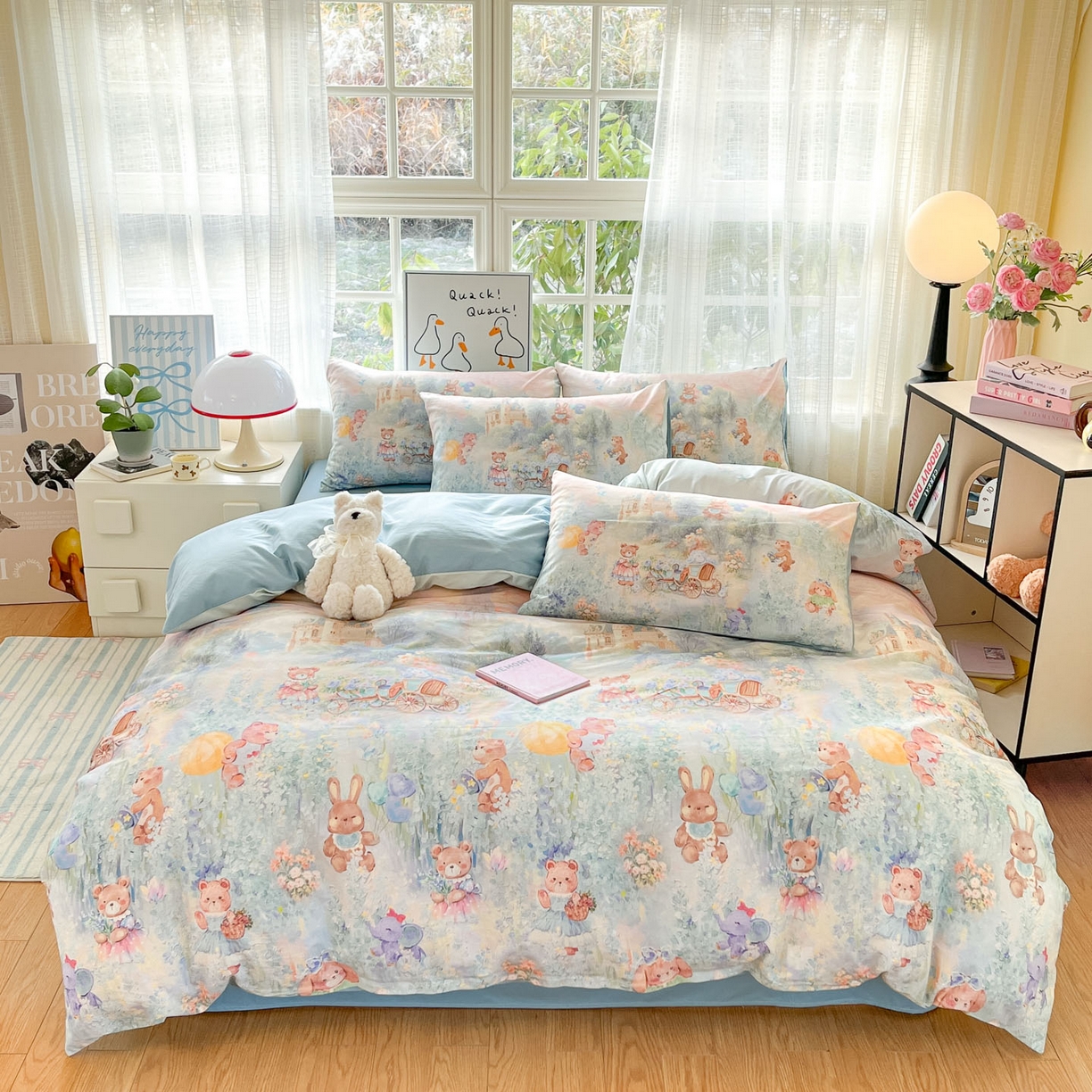 91家纺网 家纺一手货源 找家纺 睡美美家纺 2026新款13070数码印花全棉纯棉动物卡通三件套四件套 花车小熊-蓝