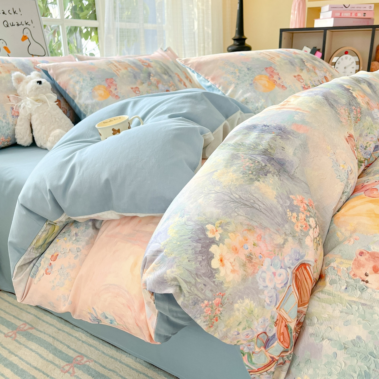 91家纺网 家纺一手货源 找家纺 睡美美家纺 2026新款13070数码印花全棉纯棉动物卡通三件套四件套 花车小熊-蓝