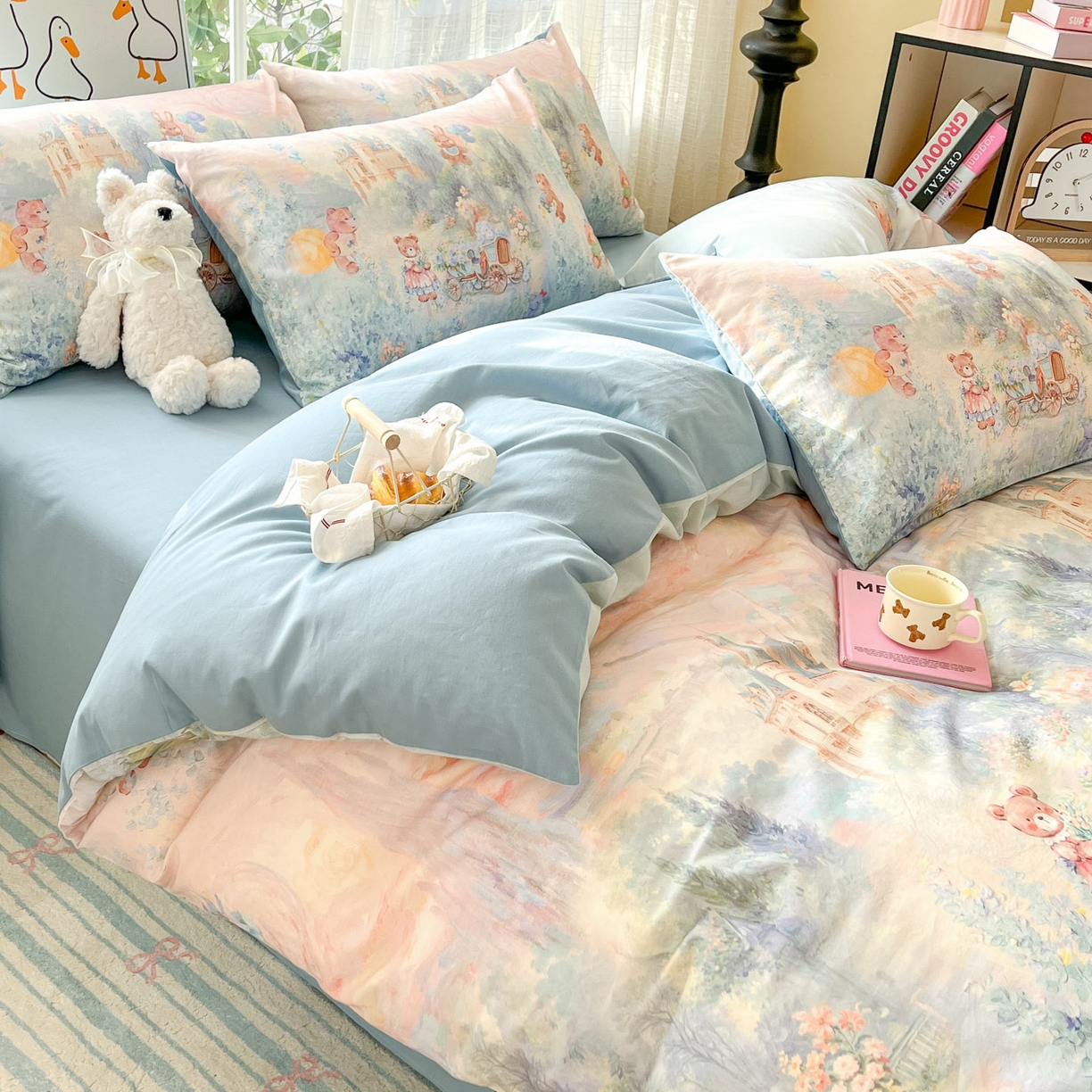 91家纺网 家纺一手货源 找家纺 睡美美家纺 2026新款13070数码印花全棉纯棉动物卡通三件套四件套 花车小熊-蓝